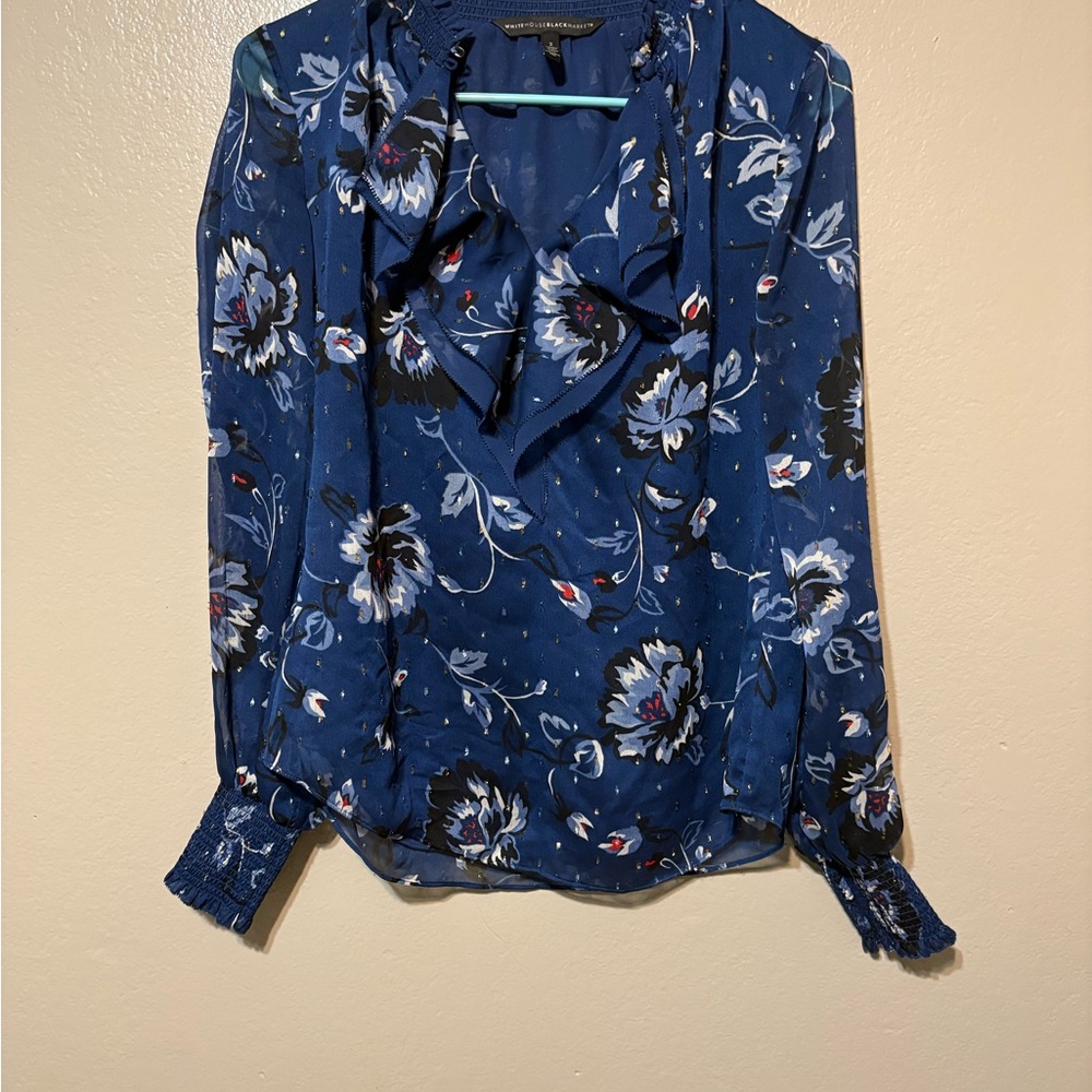 WHBM Navy Sheer Sleeve Floral Blouse Size 2 - Picture 2 of 14